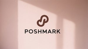 粉紅色牆上的 Poshmark 標誌，帶有窗戶光線造成的柔和陰影。
