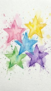 五顆彩虹色的手繪星星，位於帶有紋理的紙張上，並有顏料飛濺