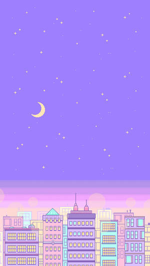 新月下星空紫色夜空中的粉彩城市天際線。 — 夜景城市 壁紙