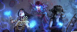 三名奇幻戰士在閃電和頭骨中揮舞藍色魔法和骷髏盔甲。 — 地鐵：離去 壁紙