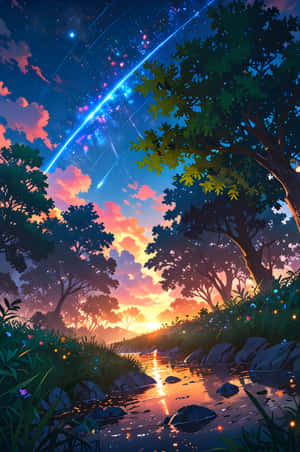 一條發光的河流蜿蜒穿過黃昏的森林，天空中有藍色彗星和星星。