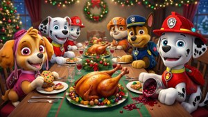 Paw Patrol 角色享受聖誕晚餐，有火雞和蔓越莓醬。