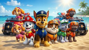 Paw Patrol救援犬團隊在陽光明媚的海灘上，有棕櫚樹和海洋。