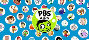 PBS Kids標誌被圓形框架中的卡通角色包圍在藍色背景上。 — 卡通網絡角色 壁紙