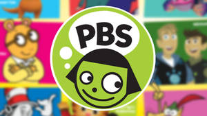PBS 標誌，綠色笑臉置於色彩繽紛的卡通人物之上。 — Cia標誌 壁紙