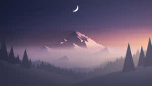夜晚的山脈，新月和松樹剪影。