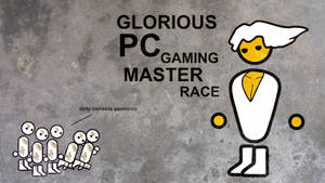 一個卡通PC遊戲玩家在混凝土牆上居高臨下俯視一群被標記為骯髒主機農民的人。