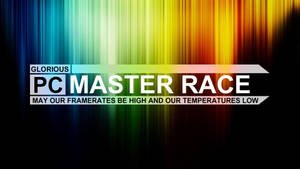 遊戲標語 PC Master Race，搭配彩虹背景及高幀率願望。