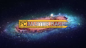 遊戲標語 PC Master Race 在色彩繽紛的星系背景上。