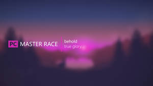 發光文字 PC MASTER RACE behold true glory 映襯模糊的紫色日落。
