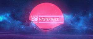 帶有粉紅色太陽和藍色波浪的遊戲壁紙，並有「MASTER RACE」文字。