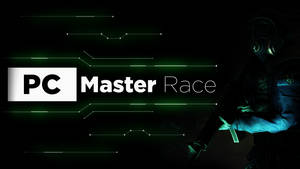 遊戲壁紙，戴著防毒面具的人物和「PC Master Race」文字周圍有發光的綠色線條。