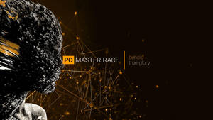 遊戲口號PC Master Race，帶有發光的金色粒子和抽象數位藝術。