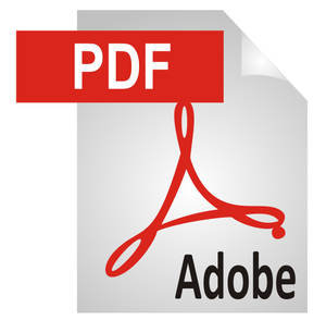 Adobe PDF 檔案圖示，帶有紅色絲帶和白色文字，背景為灰色紙張。
