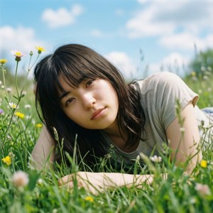 年輕女子在陽光明媚的日子裡在野花田裡休息。