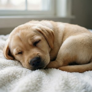 一隻金毛尋回犬幼犬在窗邊的白色蓬鬆毛毯上睡覺