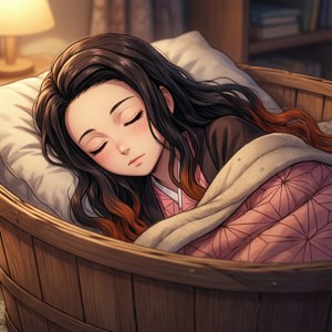 一位年輕女子在溫暖的燈光下，裹著圖案毯子，在木桶中睡著。