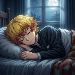 動漫男孩在月光下睡在床上，窗外有雪