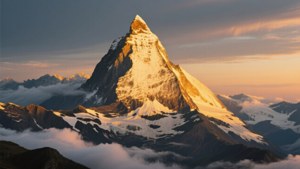 馬特洪峰山峰在金色日落光芒中閃耀，位於雲海之上