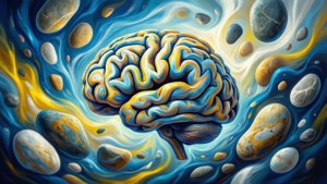 一個風格化的腦，被石頭包圍在旋轉的藍黃色宇宙流體中。