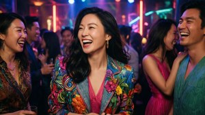 一群朋友在霓虹燈下色彩繽紛的夜總會派對中一起大笑。