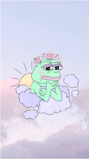 一隻戴著花冠的疲倦青蛙坐在雲上，背後有太陽。