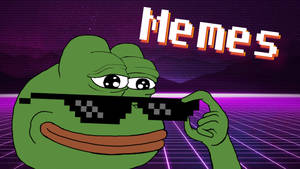 綠色青蛙戴像素太陽眼鏡，對著帶有 'Memes' 文字的霓虹網格。