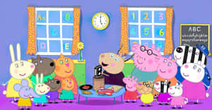 Peppa Pig 和朋友們在一個色彩繽紛的教室裡，有字母窗戶和一位老師。 — 可愛豬 壁紙