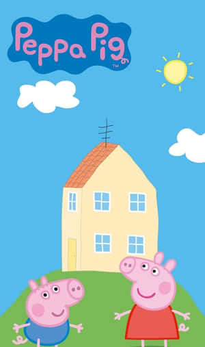 Peppa Pig 和 George 在晴朗的日子裡站在他們房子前的山丘上。 — Galaxy Tab A 壁紙