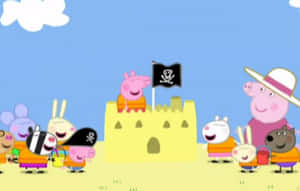 Peppa Pig 和朋友們打扮成海盜，靠近一個帶有骷髏旗的沙堡。 — 笑緊 壁紙