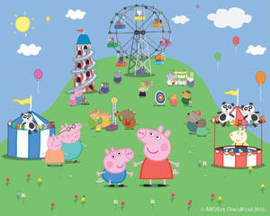 Peppa Pig 和朋友們在一個充滿歡樂的遊樂園裡，有遊樂設施和氣球。