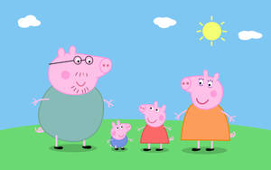 Peppa Pig 一家在草地上微笑，背景是晴朗的天空和雲。 — 卡通網絡角色 壁紙