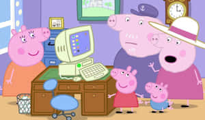 Peppa Pig 一家在客廳中看著一台復古電腦。 — 可愛豬 壁紙