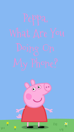 Peppa Pig 著住紅色裙企喺草地上，文字問佢喺電話度做緊咩 — 可愛卡通 壁紙