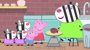 Peppa Pig 同佢嘅斑馬朋友喺卡通廚房入面，斑馬媽媽遞茶俾佢哋。 — 斑馬 壁紙