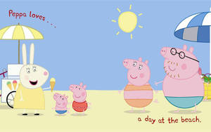 Peppa Pig 一家喺沙灘上同雪糕小販同條紋遮陽傘。 — 卡通 壁紙