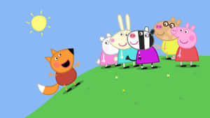 Peppa Pig 同朋友喺一個有草嘅山丘上，一隻微笑嘅狐狸喺晴朗嘅天空下向佢哋跑緊過嚟。 — 簡單 壁紙