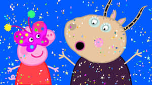 Peppa Pig 和一隻山羊在派對上被五彩紙屑覆蓋。 — 16:9 壁紙
