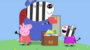 Peppa Pig 和她的斑馬朋友向一位拿著信和郵箱的斑馬郵差打招呼。 — 斑馬 壁紙