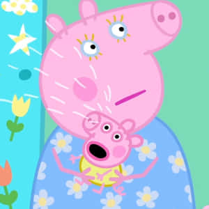 Peppa Pig 和她的母親在色彩繽紛的卡通場景中微笑，周圍有花朵。 — BB GIF 壁紙