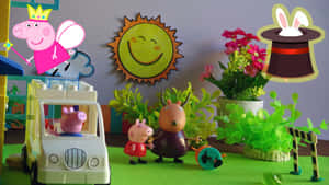 Peppa Pig 和朋友們在一個有趣的玩具佈置中，有微笑的太陽和魔法帽。 — 可愛貓咪 壁紙