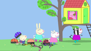 卡通兒童在樹屋附近騎自行車，裡面有 Peppa Pig 一家。 — 斑馬 壁紙
