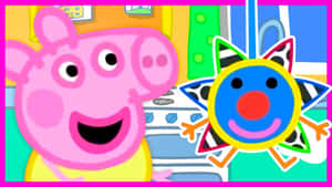 Peppa Pig 同一個微笑嘅小丑星星角色喺色彩繽紛嘅卡通場景入面。 — BB GIF 壁紙