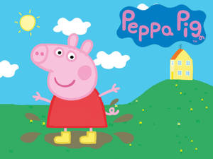 Peppa Pig 喺泥濘田野入面，山丘上嘅屋同晴朗天空。