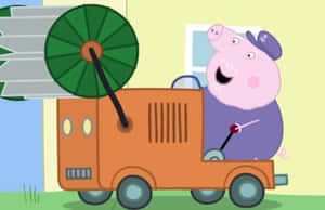 Peppa Pig 嘅爸爸喺晴朗嘅日子揸住一架橙色嘅車，車頂有個綠色風扇。 — 可愛豬 壁紙
