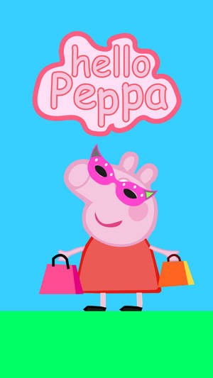 Peppa Pig 戴著太陽眼鏡，拿著購物袋，並有哈囉 Peppa 對話氣泡。 — 可愛卡通 壁紙