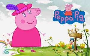 Peppa Pig 穿著粉紅色連衣裙和帽子，在色彩繽紛的花園中微笑，有花朵和彩虹。 — 可愛卡通 壁紙