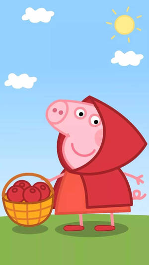 Peppa Pig 戴紅色連帽，在陽光下拿著蘋果籃 — 可愛卡通 壁紙