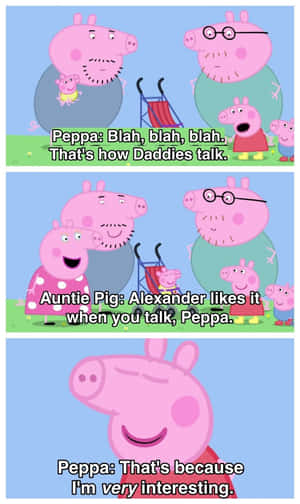 Peppa Pig 與家人在草地戶外場景中，帶有對話氣泡。 — Galaxy Tab A 壁紙
