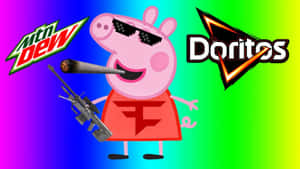 Peppa Pig 戴著太陽眼鏡、手持步槍和鈍器，背景為彩虹色，並有 Mountain Dew 和 Doritos 標誌。